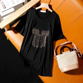 Verão 2021 nova moda Solta curto-sleeve T-shirt para as mulheres, casual personalidade coruja padrão quente diamantes feminino Respirável tops