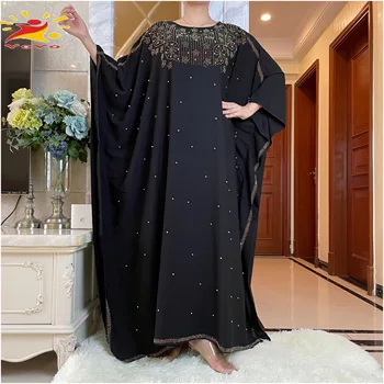 2022New Mulheres Abaya Dubai, África Plus Size Vestido em Algodão com Beading Diamantes Mulheres Muçulmanas Quimono turco Islã Roupas Imagem 0